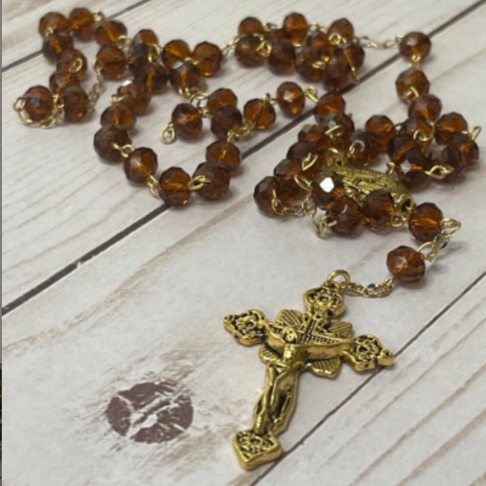 Handmade Beautiful Rich Brown Rondelle Crystal Rosary